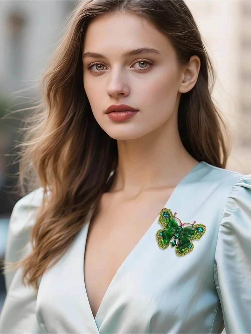 Green Butterfly Crystal Brooch NEW